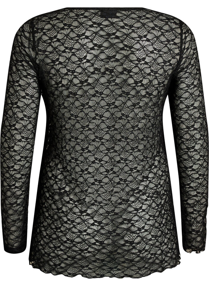 Blouse met lange mouwen van doorschijnend kant, Zwart, Packshot image number 1