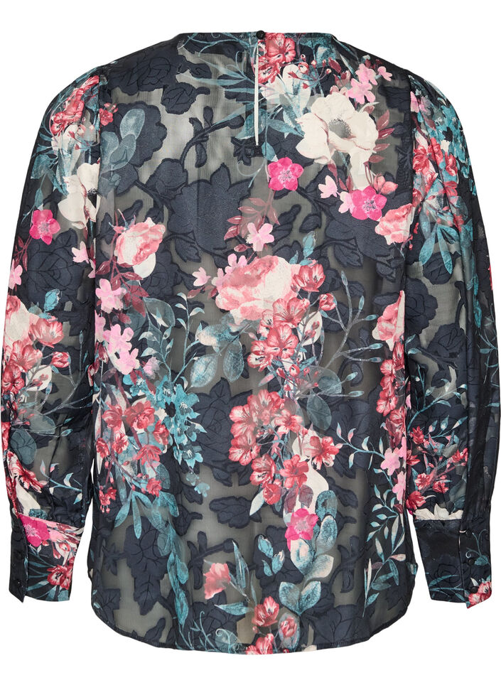 Blouse met bloemenprint en geweven textuur, Zwart, Packshot image number 1