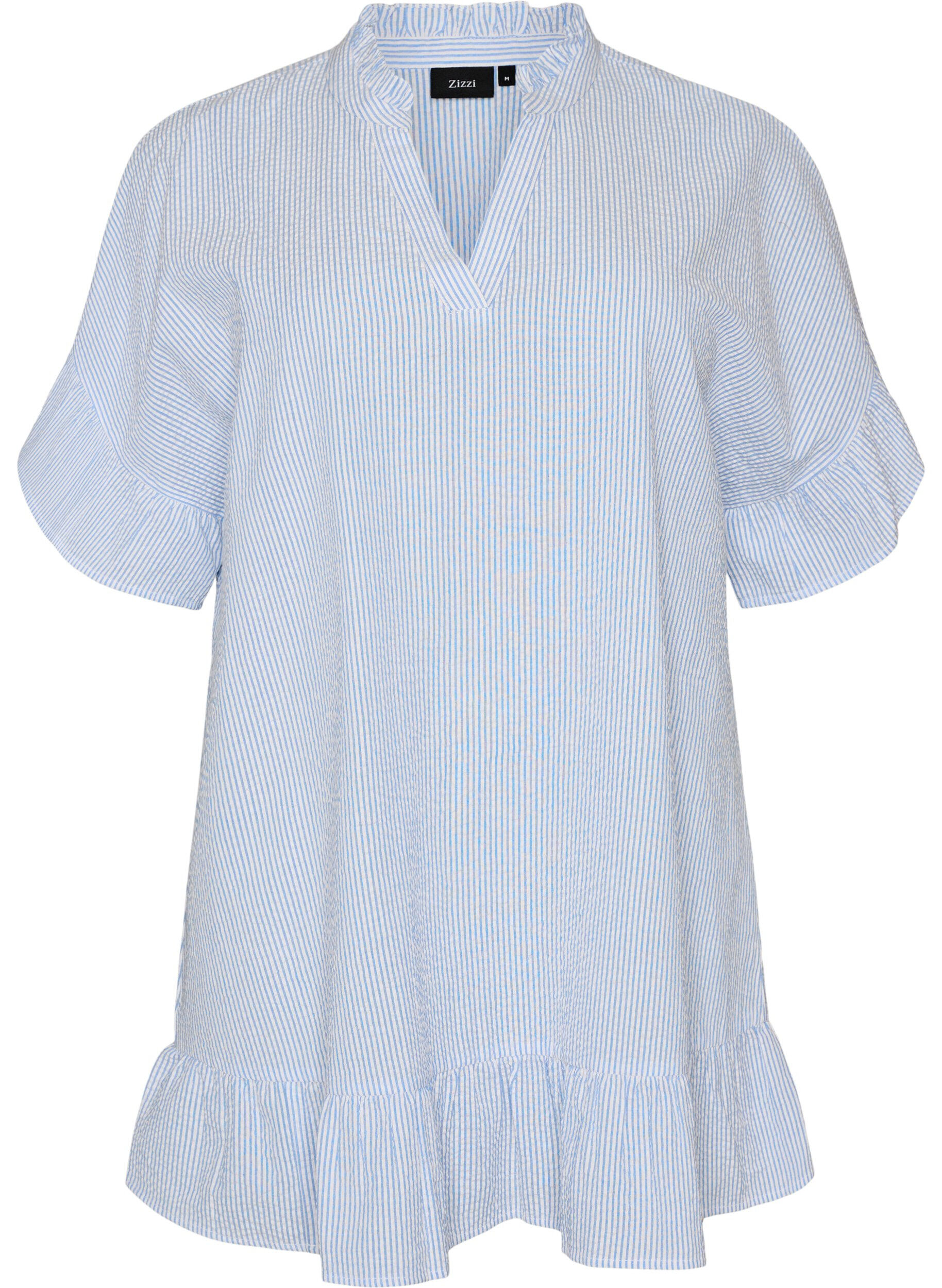 ZizziKatoenen tuniek met strepen en ruchesdetails, Blauw, Packshot image number 0
