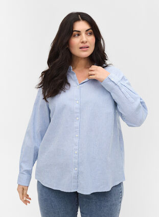 Katoenen blouse met lange mouwen, Blue Striped, Model image number 0