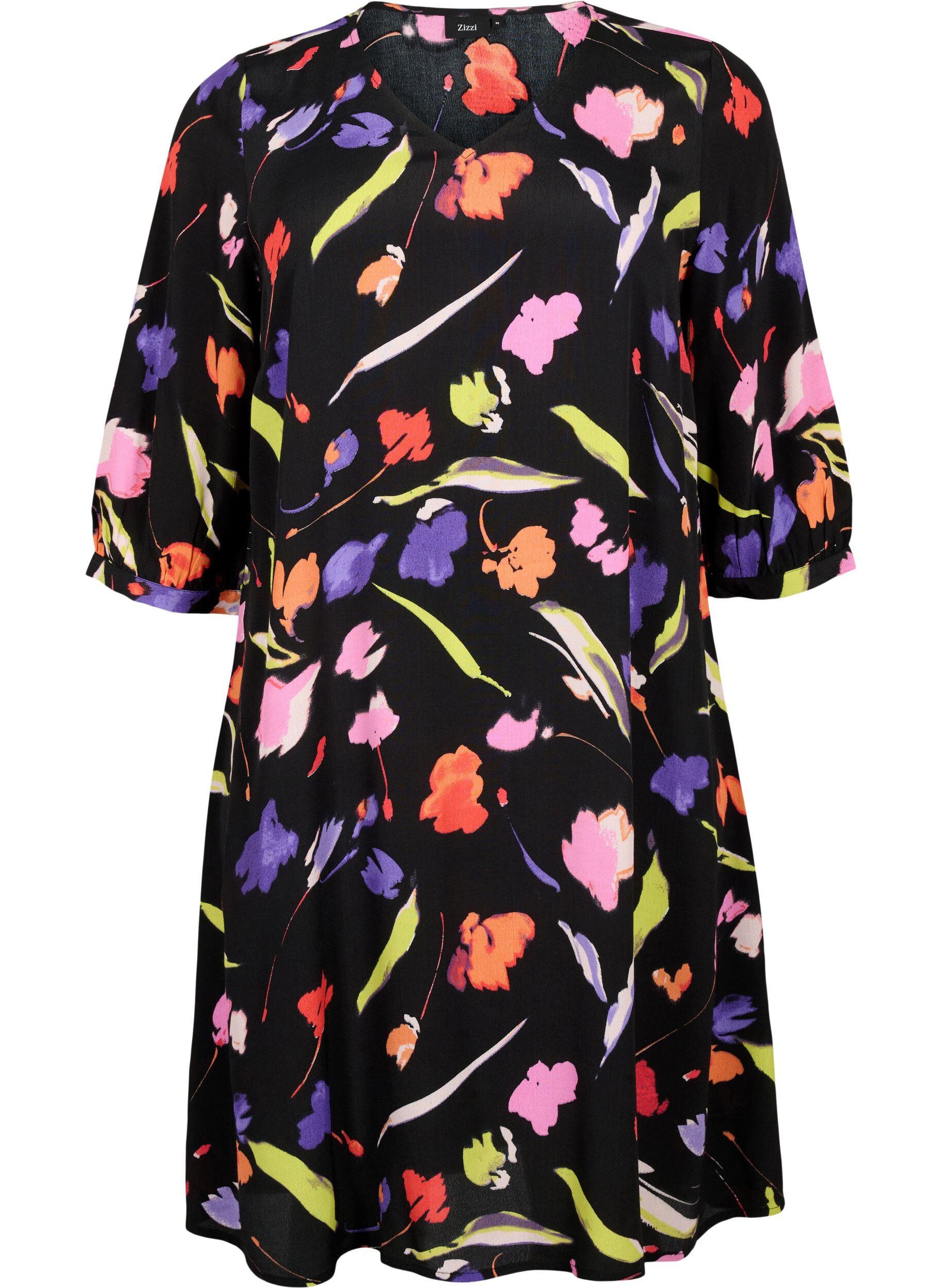 Zizzi Viscose jurk met print en 3/4 mouwen, Faded Tulip AOP, Packshot image number 0