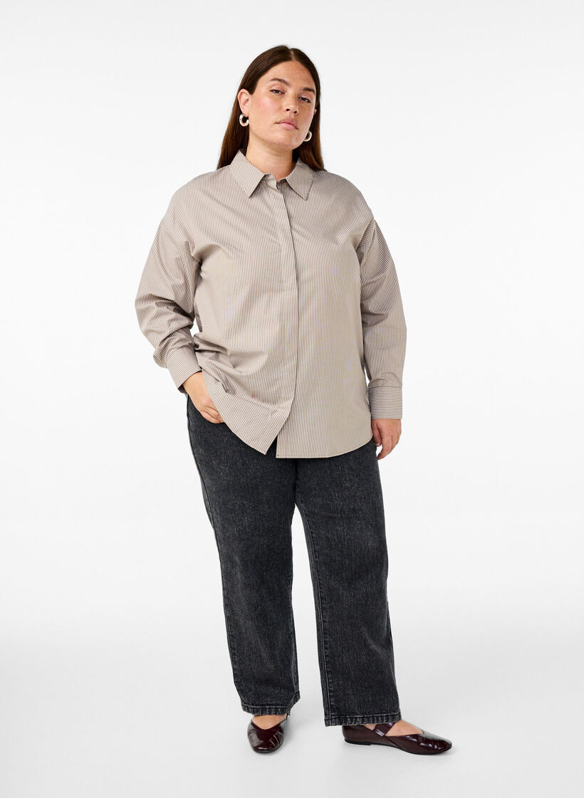 Losse shirt met lange mouwen en strepen, Bruin, Model image number 1