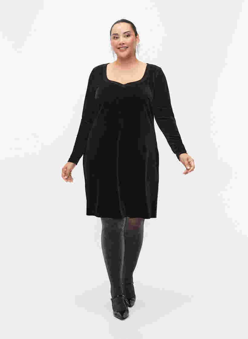 Fluwelen jurk met lange mouwen, Black, Model image number 2