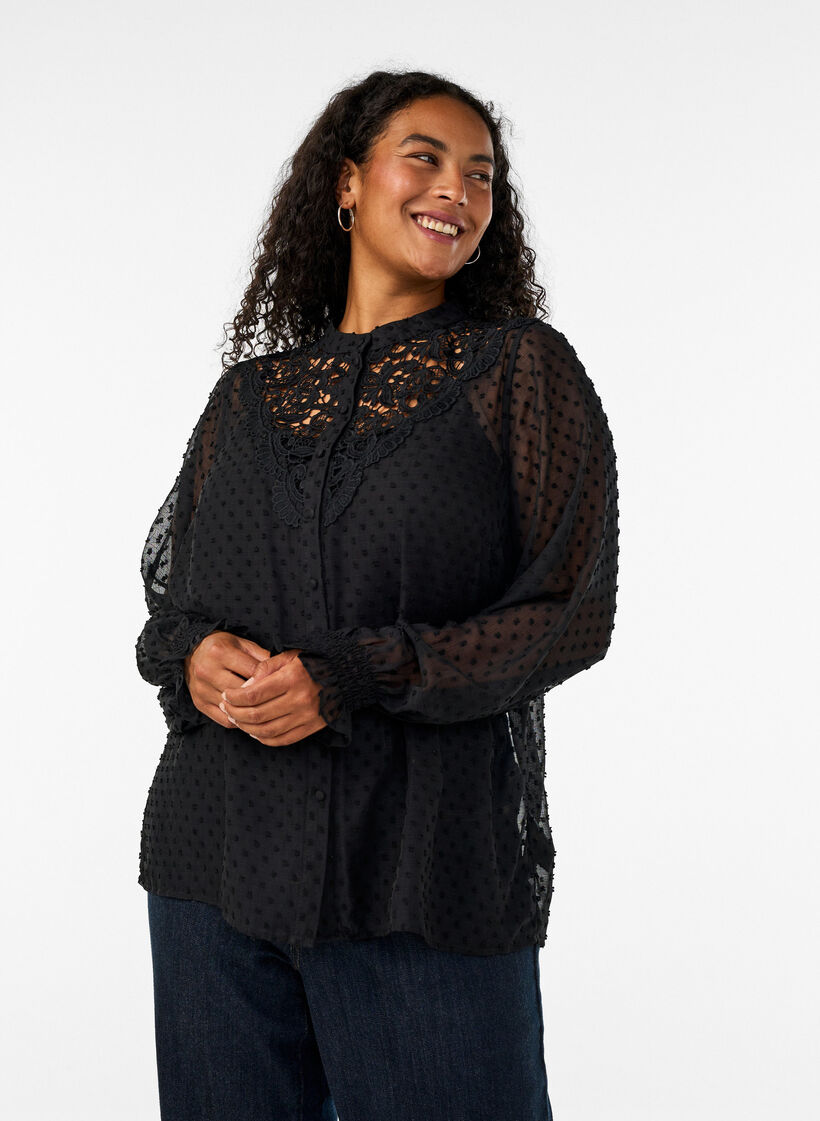 Overhemdblouse met kanten inzet en stippenpatroon, Zwart, Model image number 0