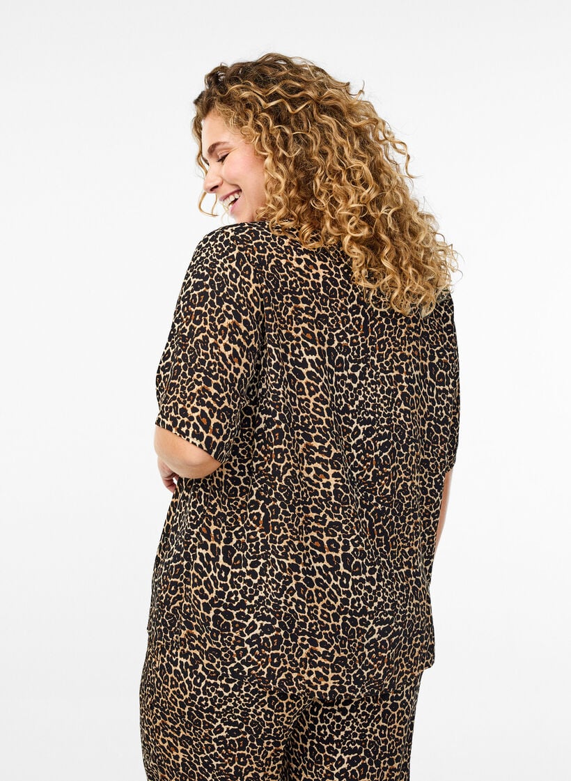 Viscose blouse met korte mouwen met print, Bruin, Model image number 2