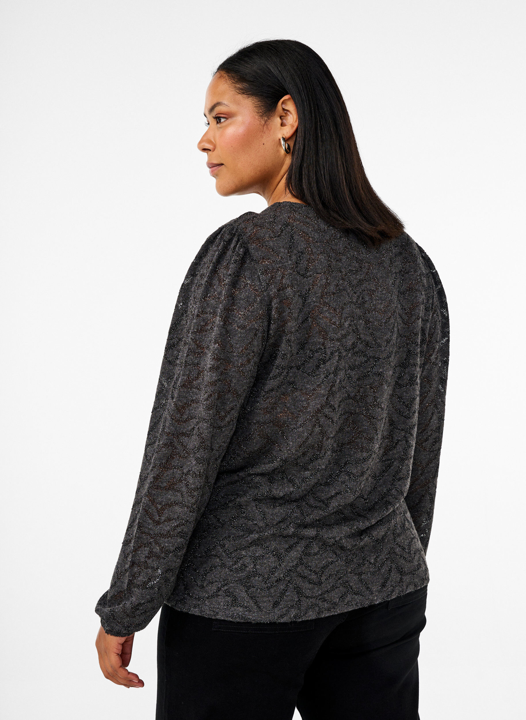 Zizzi Blouse met lange mouwen met glitter en patroon, Grijs, Model image number 2