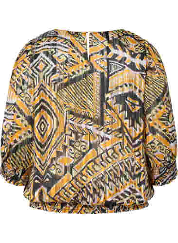 Bedrukte blouse met smok en 3/4 mouwen, Yellow Aztec AOP, Packshot image number 1
