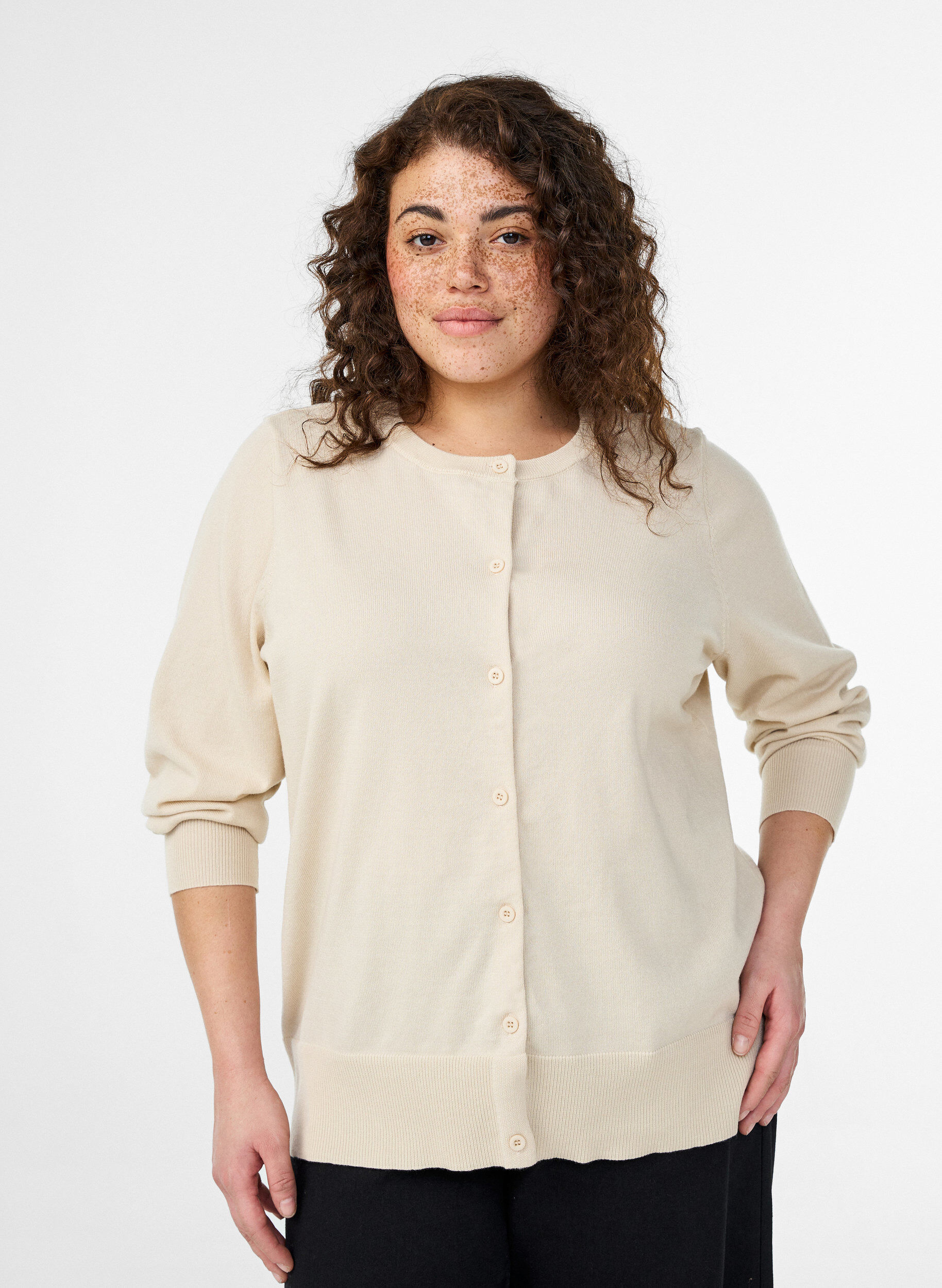 Fijngebreide vest met ronde hals, Beige, Model