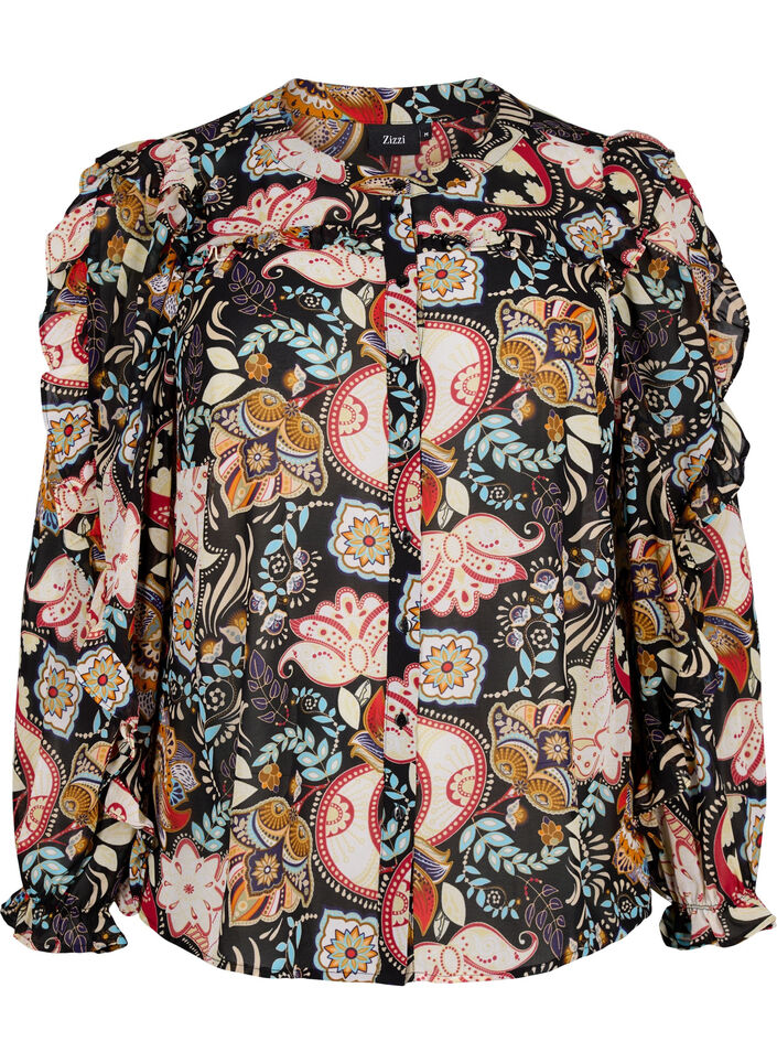 Shirt blouse met ruches en paisleyprint, Black Paisley, Packshot image number 0