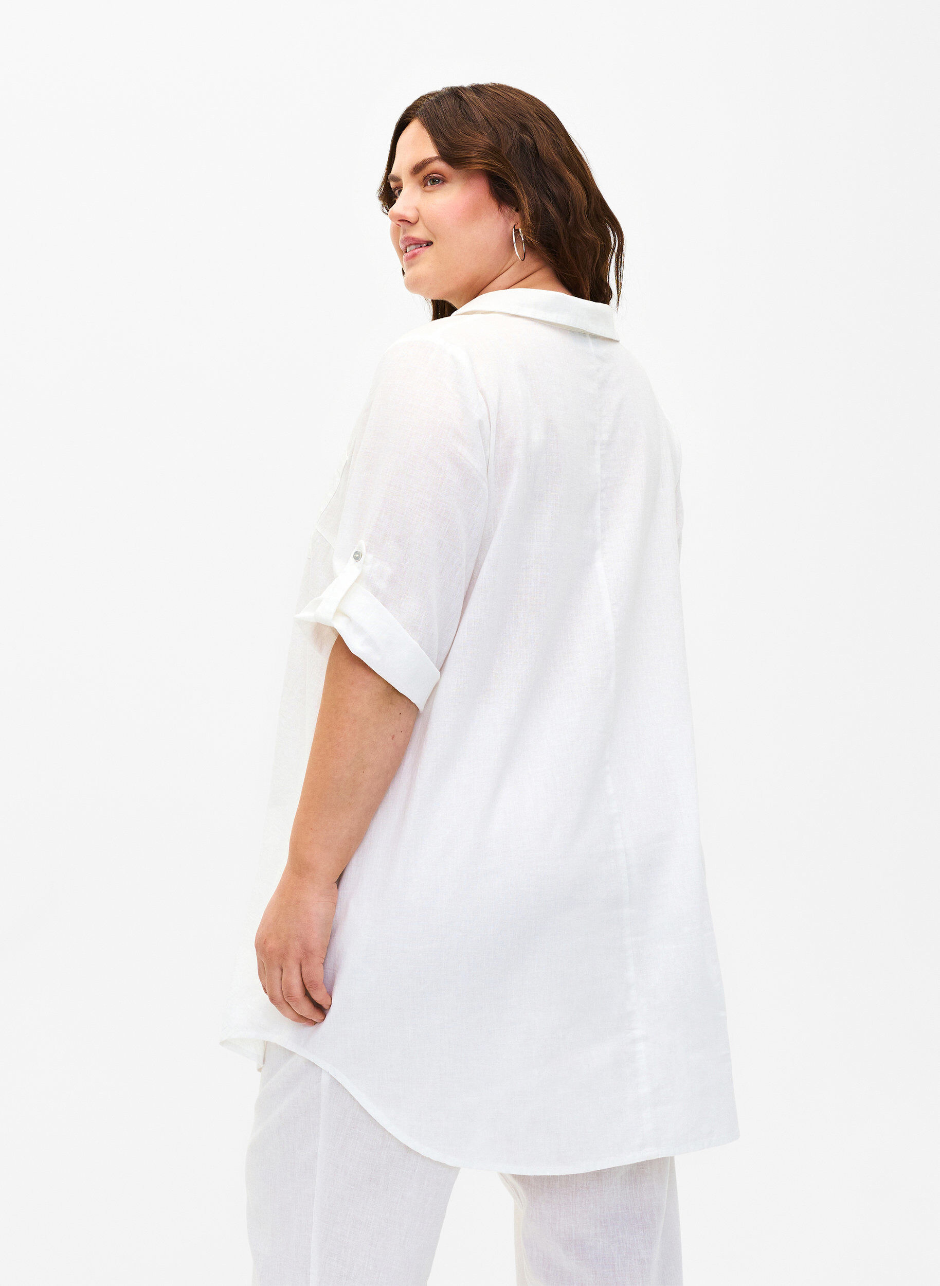 Zizzi Tuniek van katoenmix met korte mouwen en linnen, Bright White, Model image number 1
