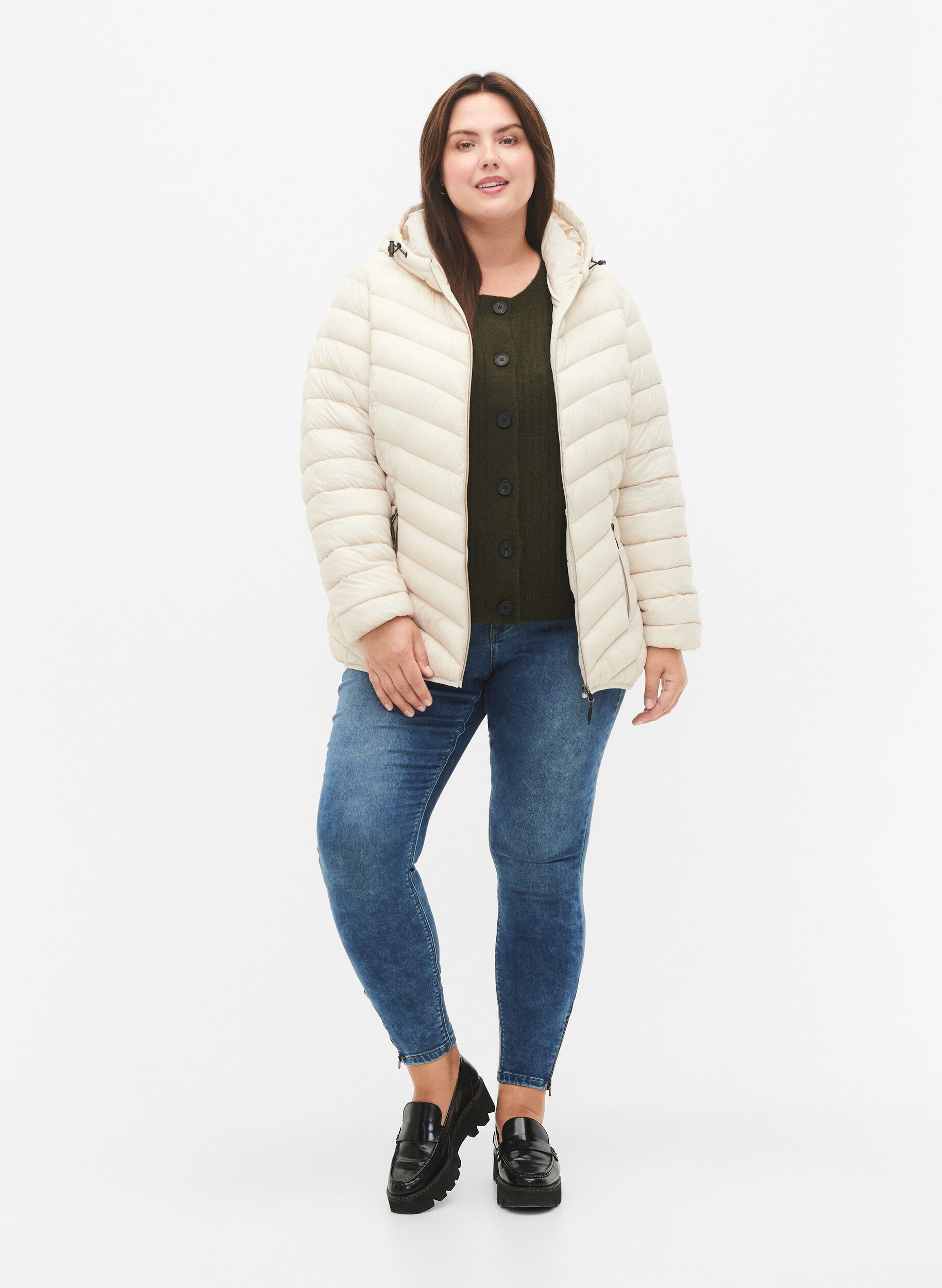 ZizziGewatteerd lichtgewicht jack met capuchon, Beige, Model image number 1