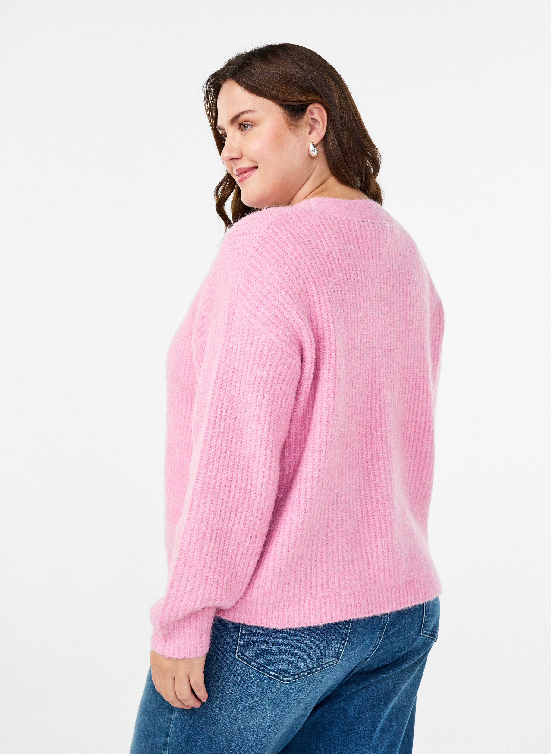 Zizzi V-hals cardigan van breisel, Roze, Model image number 2