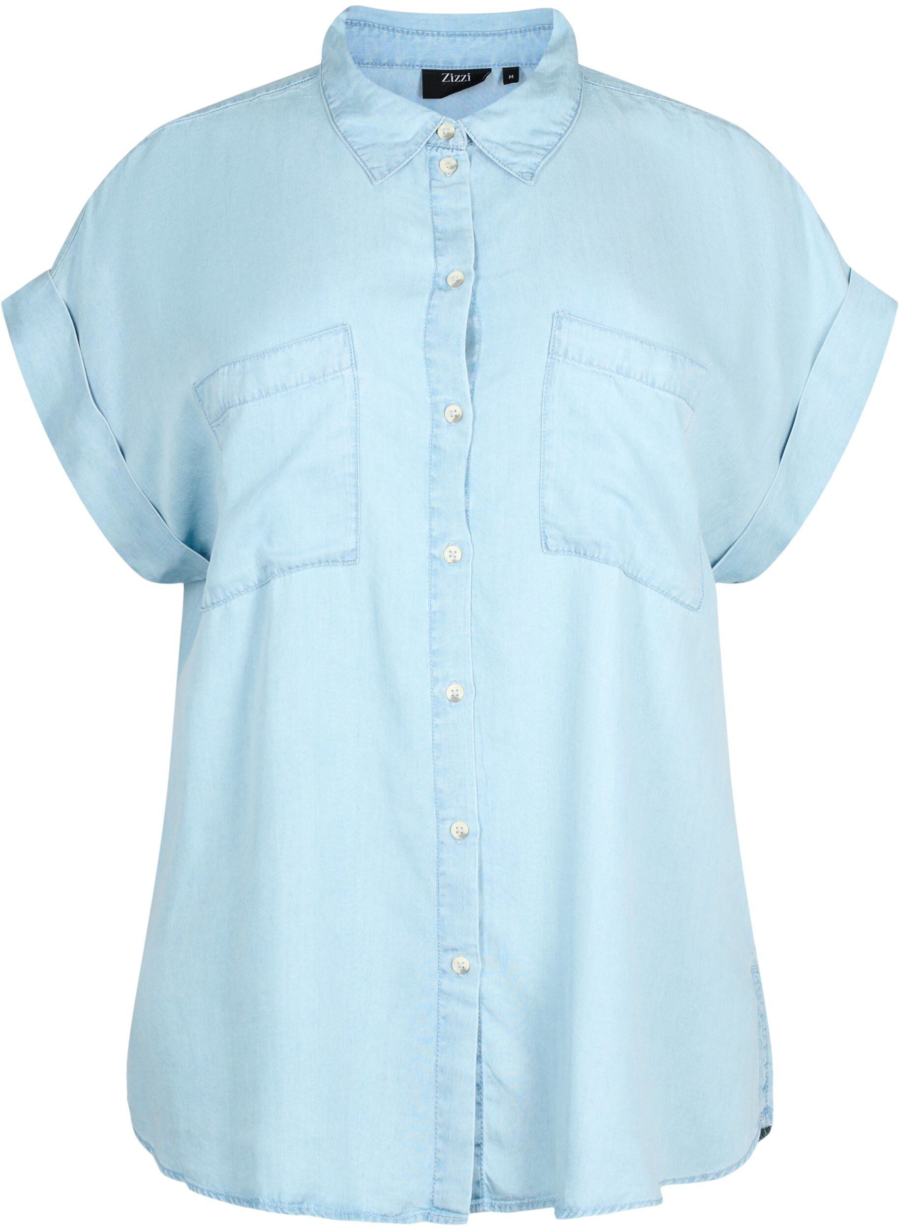 Zizzi Overhemd met korte mouwen van lyocell (TENCEL&trade;), Light blue denim, Packshot image number 0