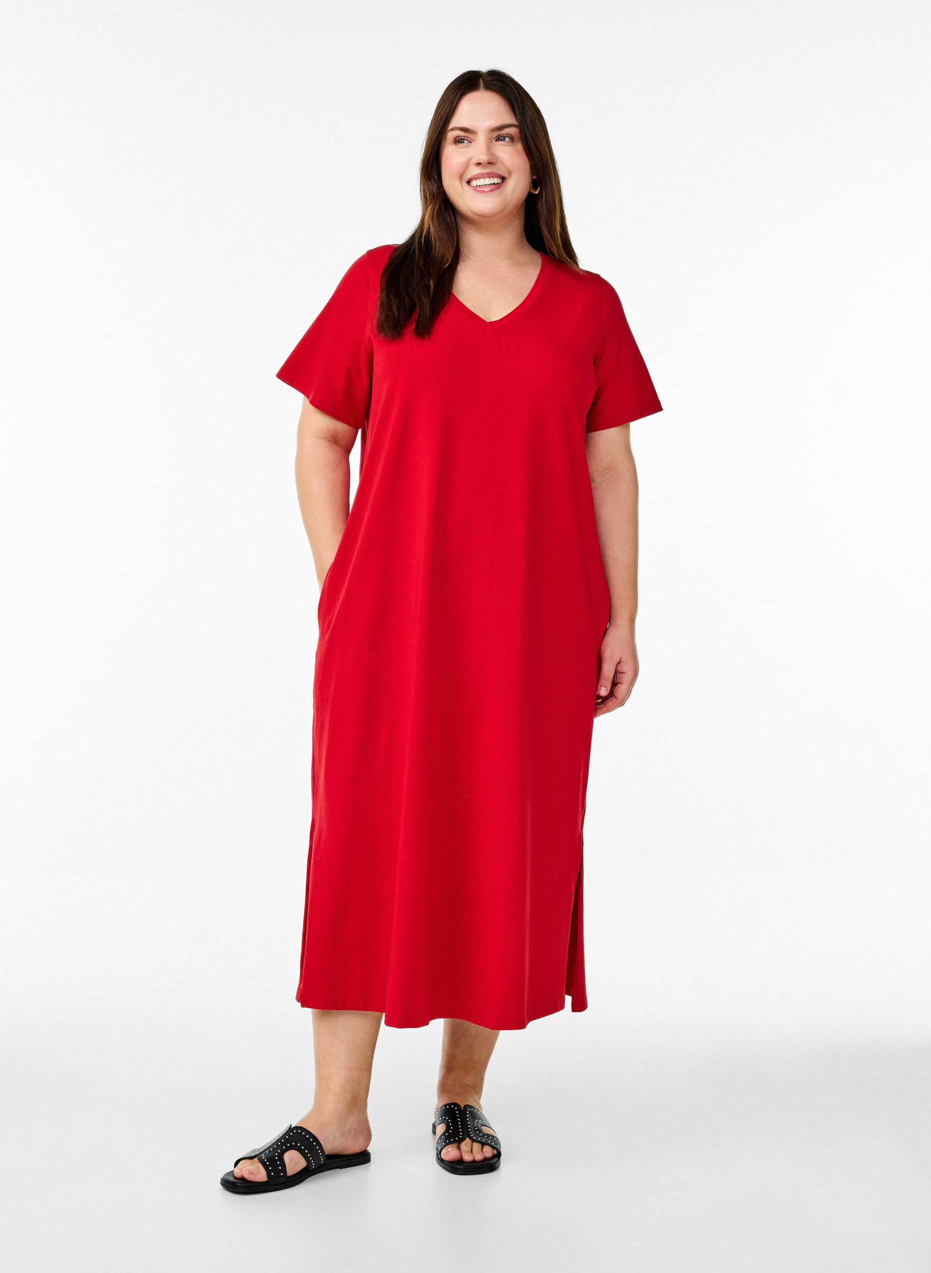 Zizzi Midi T-shirt jurk met V-hals, Rood, Model image number 0