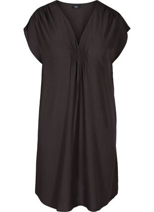 Viscose jurk met korte mouwen en smokwerk, Licorice, Packshot image number 0