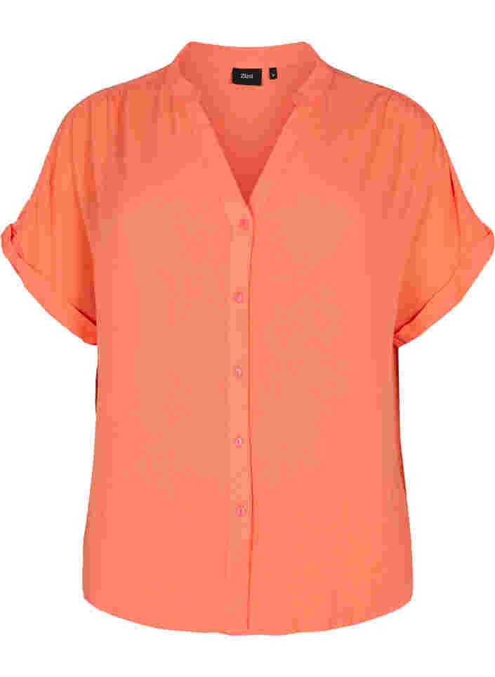Viscose overhemd met korte mouwen en v-hals, Living Coral, Packshot image number 0