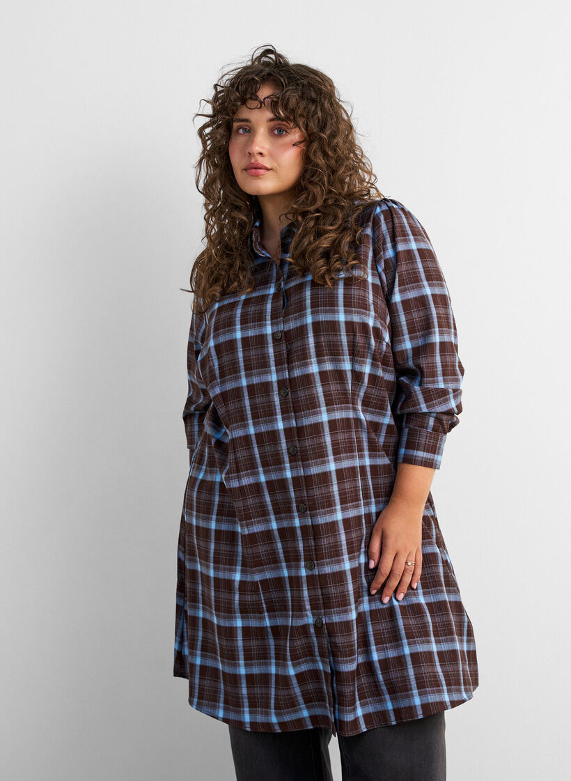 Knie-lange overhemdjurk met ruitpatroon, Bruin, Model image number 0