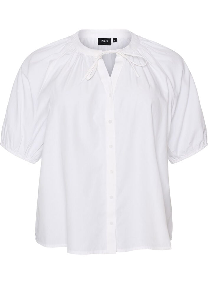 Overhemdblouse met knoopsluiting en strikceintuur, Wit, Packshot image number 0