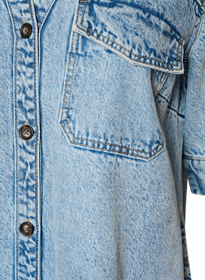 Kortemouwen denim jurk met kraag en knoopsluiting, Blauw, Packshot image number 2