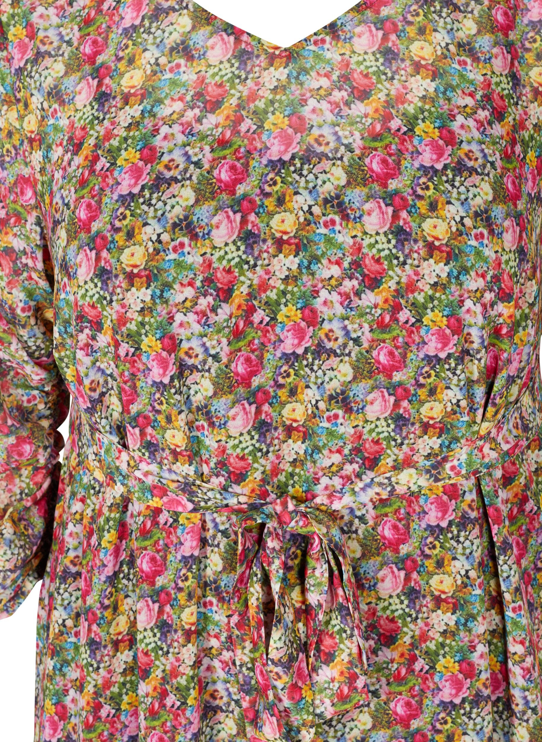 Zizzi Gebloemde midi-jurk met striksluiting in de taille, Pink Flower AOP, Packshot image number 2