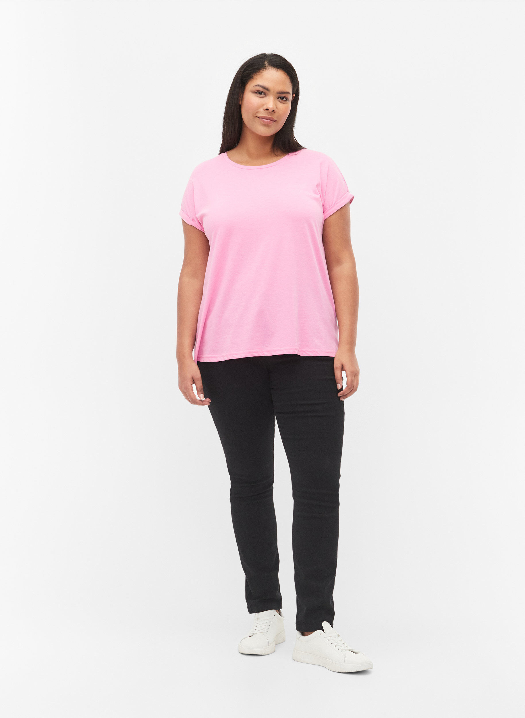 Zizzi T-shirt met korte mouwen van katoenmix, Roze, Model image number 1