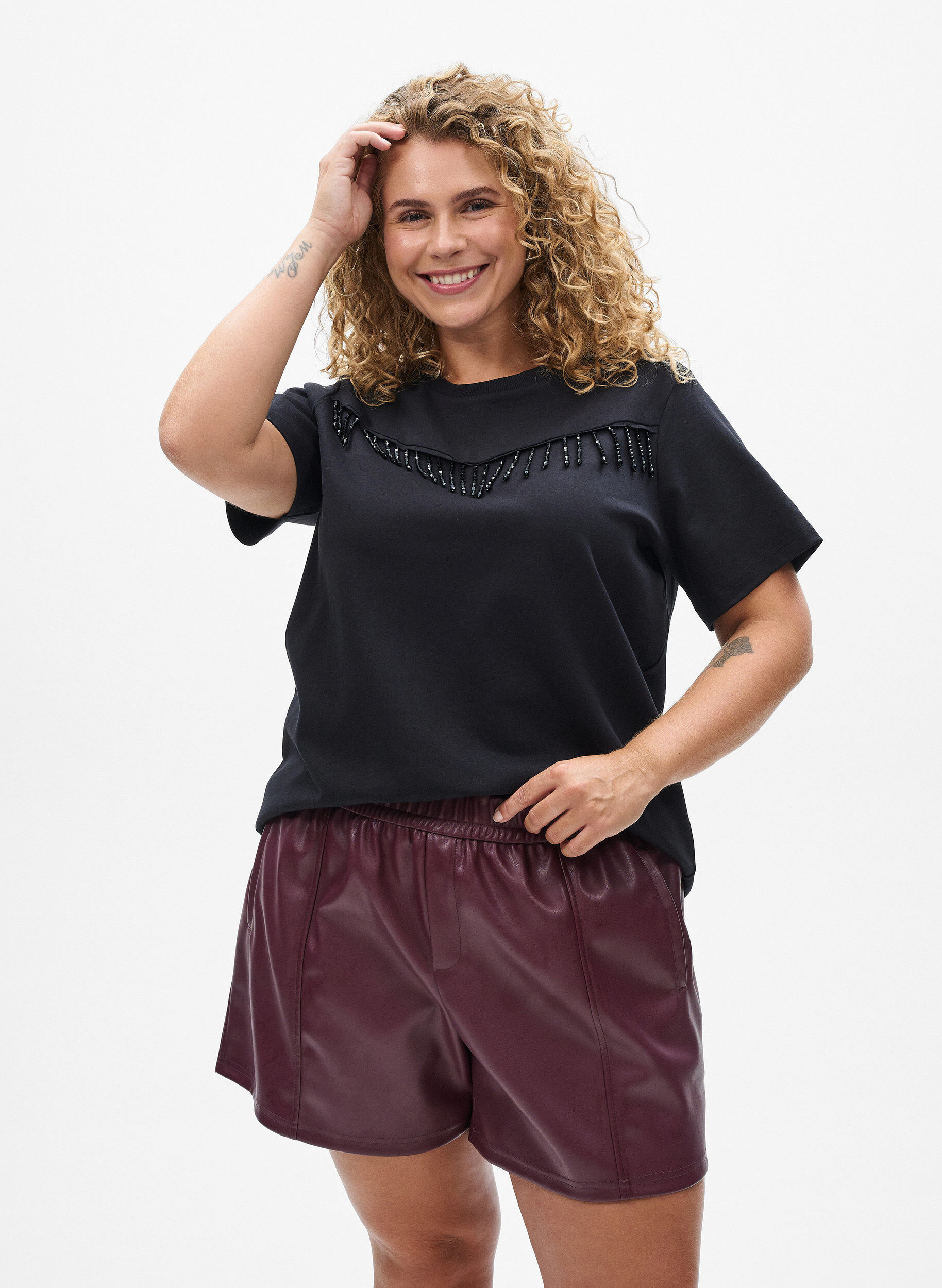 Losse imitatieleer shorts met elastische tailleband, Donker Bordeaux, Model