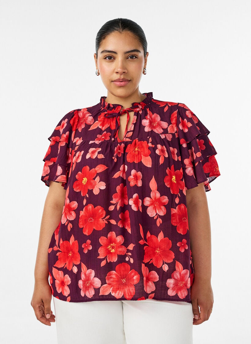 Floral viscose blouse met ruches mouwen, Paars, Model image number 0