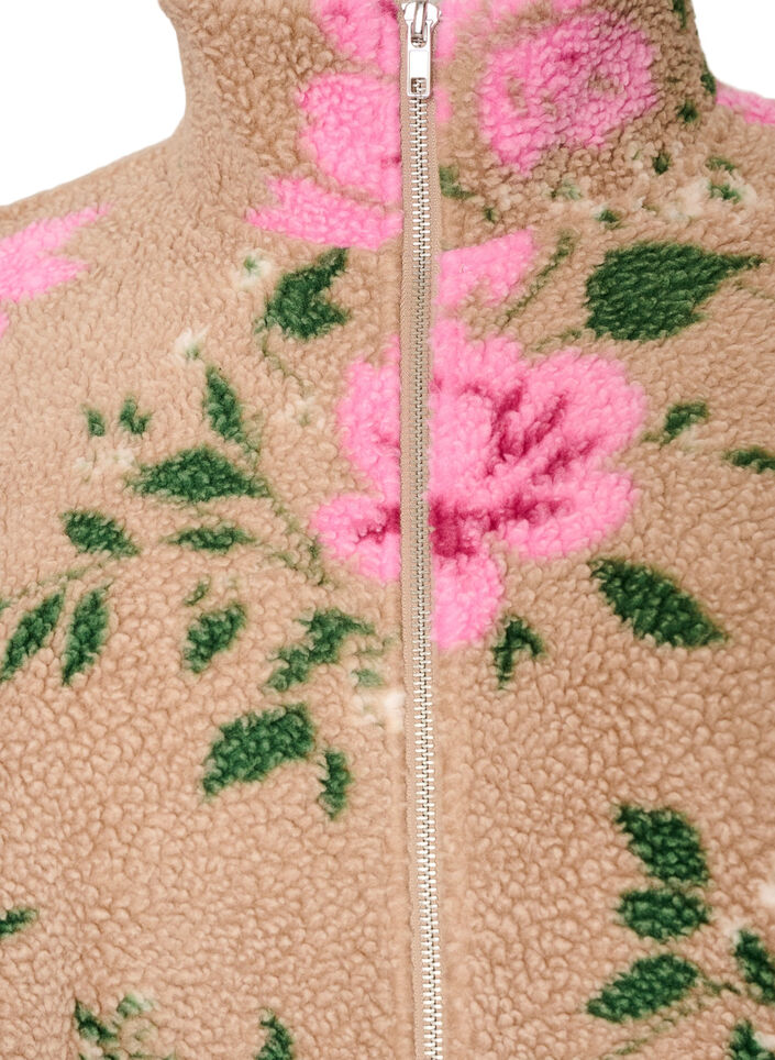 Floral fleecejack met een hoogsluitende kraag en ritssluiting, Beige, Packshot image number 2