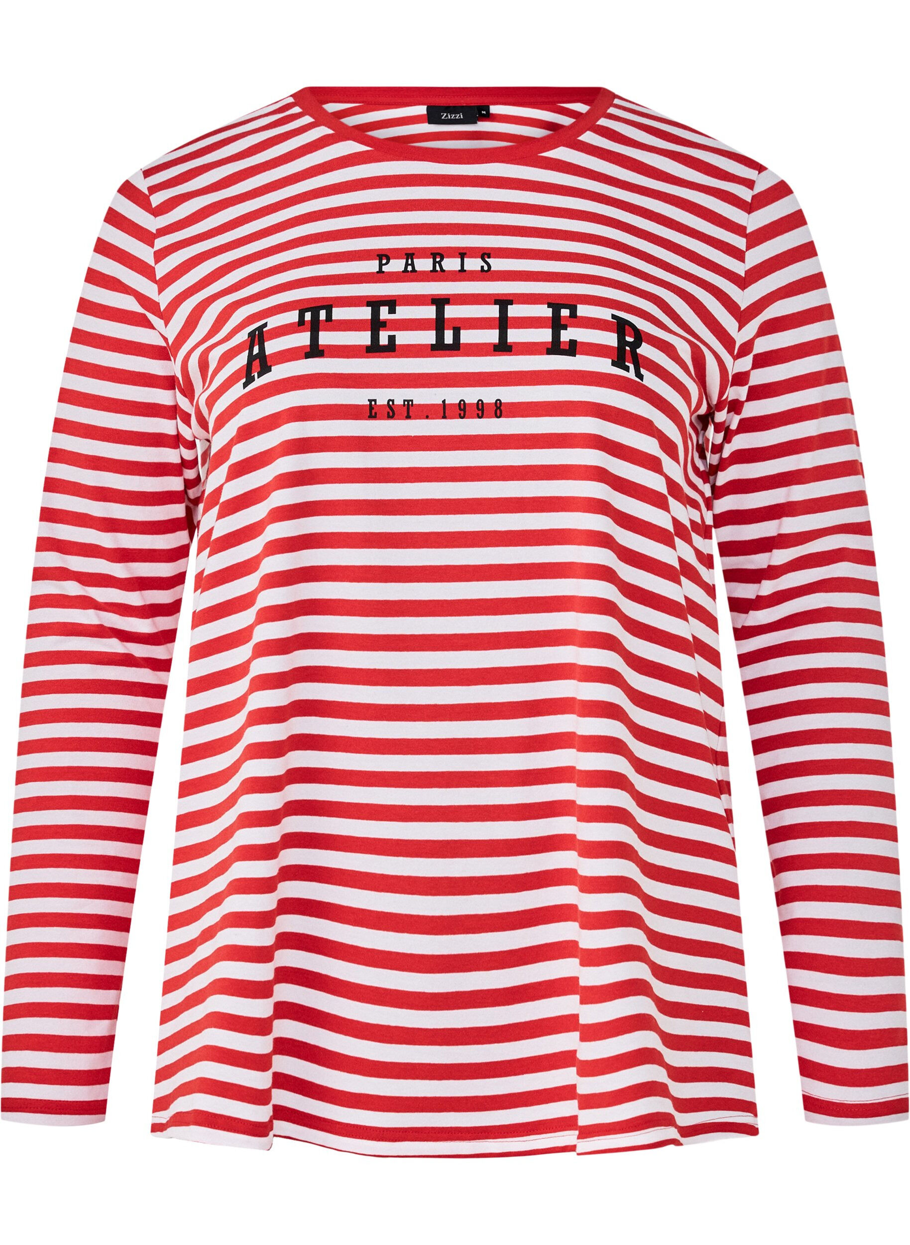 Zizzi Gestreepte blouse met motief, Whitew.FlameS.Stripe, Packshot image number 0