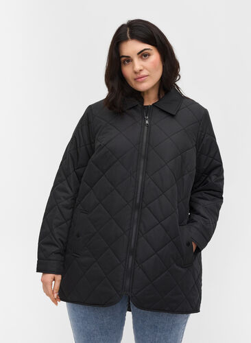 Kort gewatteerd jasje met kraag, Black, Model image number 0