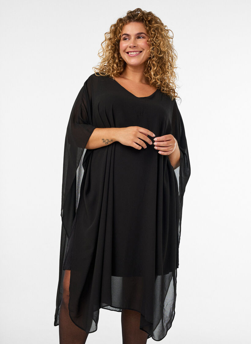 Korte chiffon jurk met V-hals, Zwart, Model image number 2