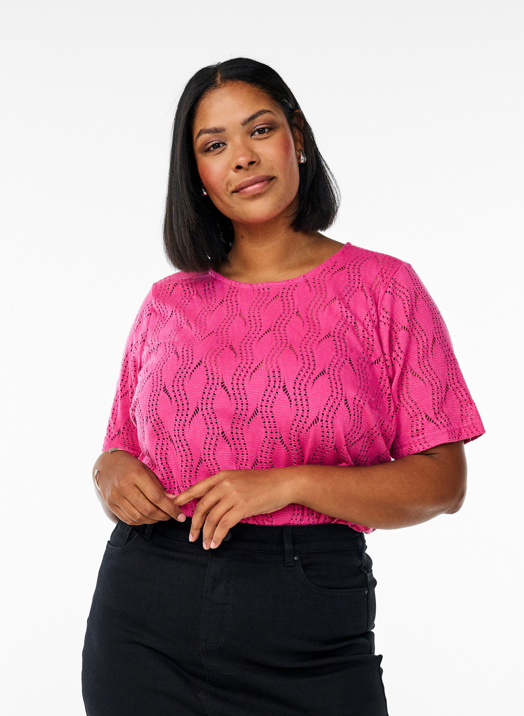 Zizzi Jersey T-shirt met oogjespatroon, Roze, Model image number 0