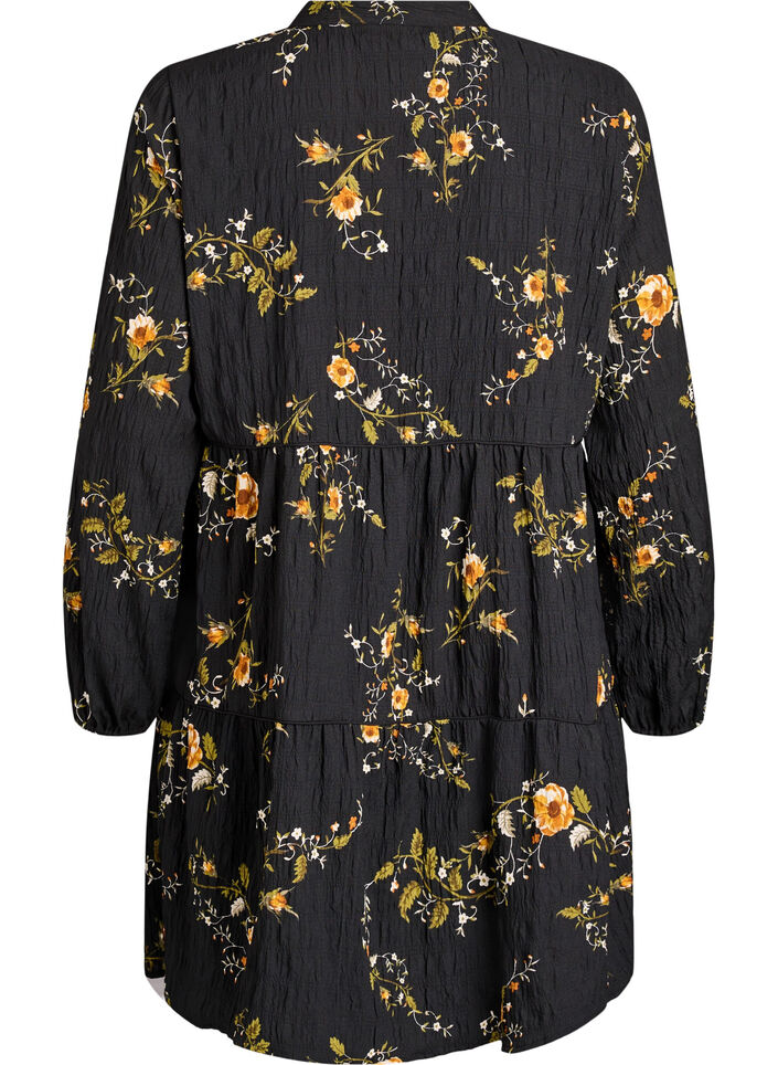 Jurk met bloemenprint en striksluiting, Zwart, Packshot image number 1