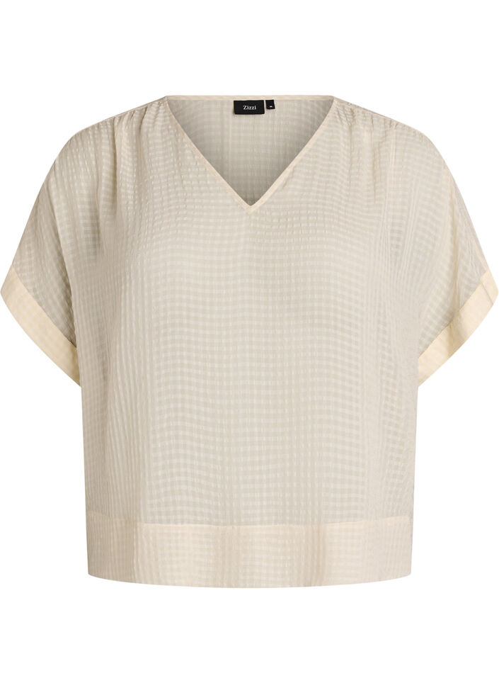 Seersucker blouse met V-hals, Beige, Packshot image number 0