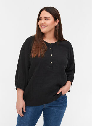 Katoenen blouse met knopen en 3/4-mouwen, Black, Model image number 0