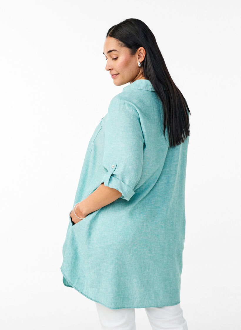 Tuniek van linnen en viscose met A-vorm, Blauw, Model image number 2