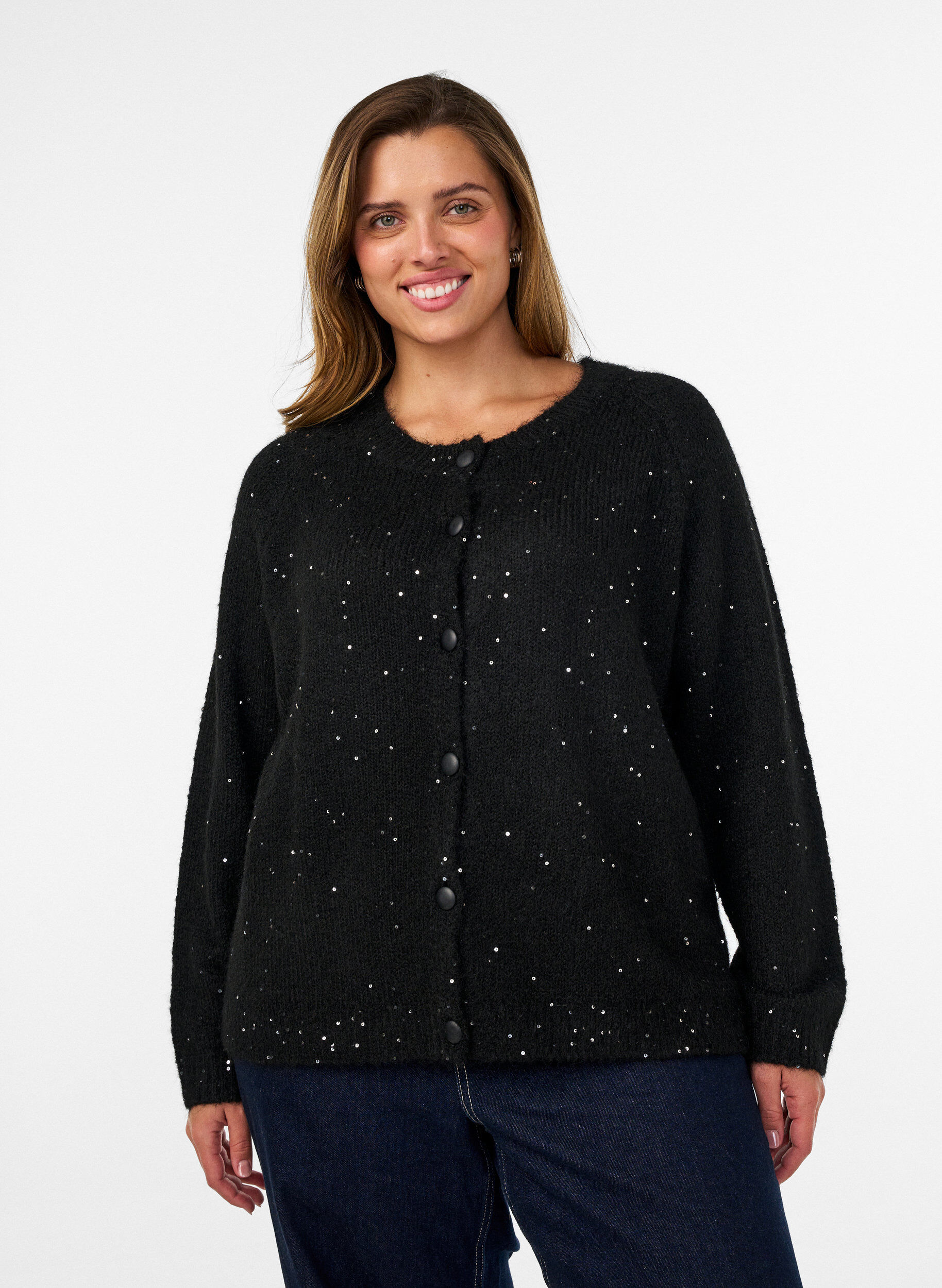 Cardigan met pailletten en knopen, Zwart, Model