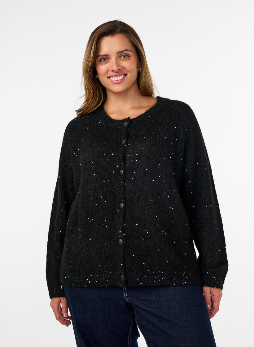 Cardigan met pailletten en knopen, Zwart, Model image number 0