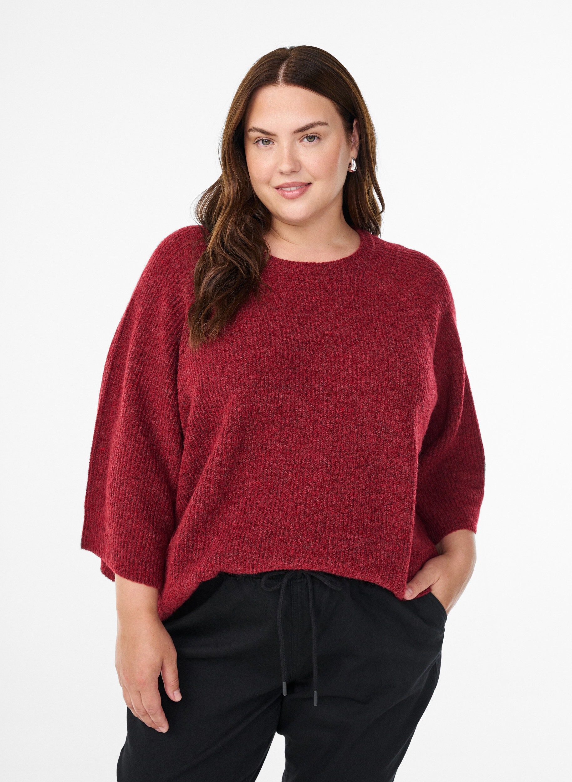 ZizziGeribde trui met 3/4 mouwen, Rood, Model image number 0