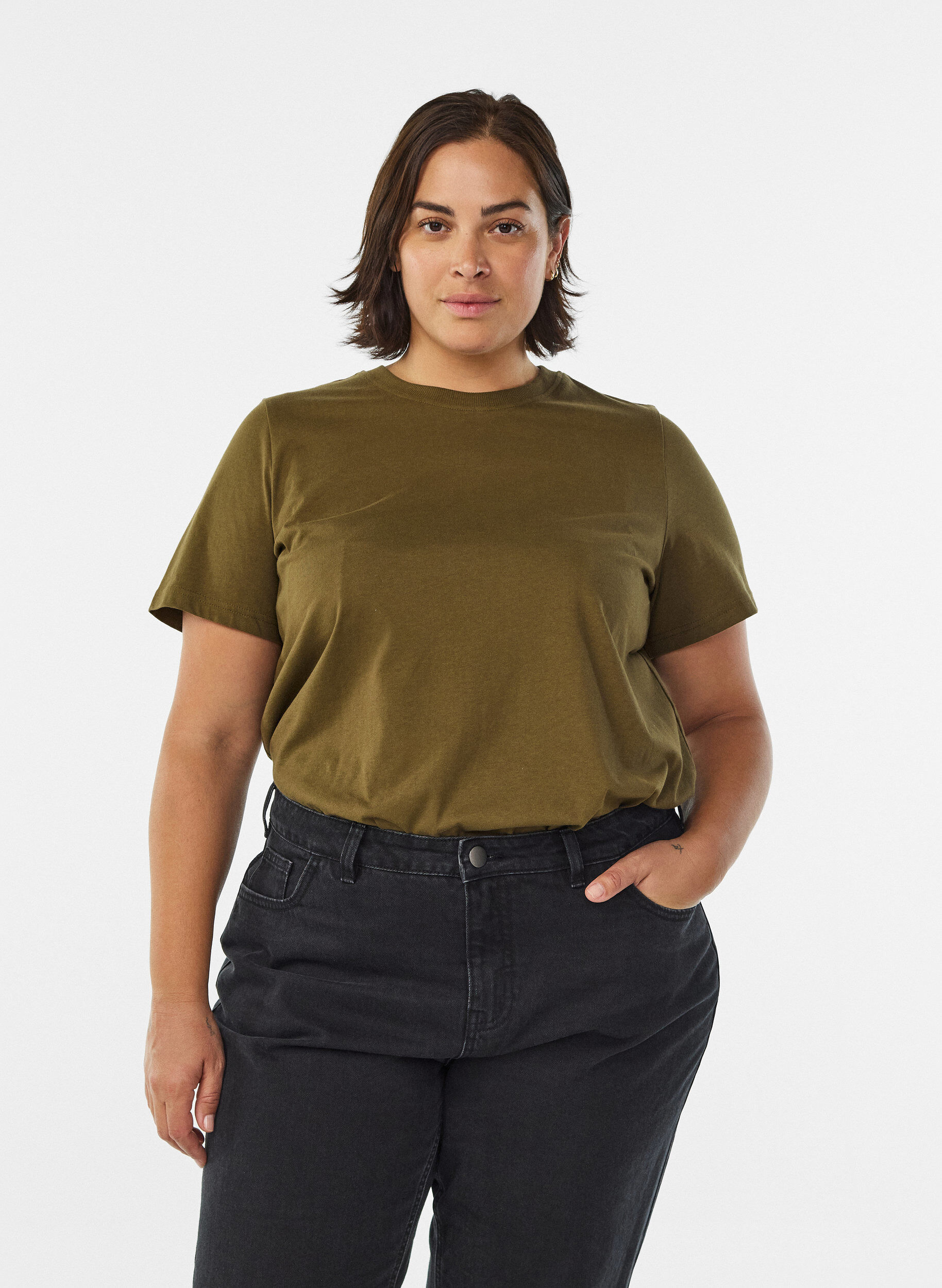 ZizziBasic katoenen T-shirt met ronde hals, Groen, Model image number 0