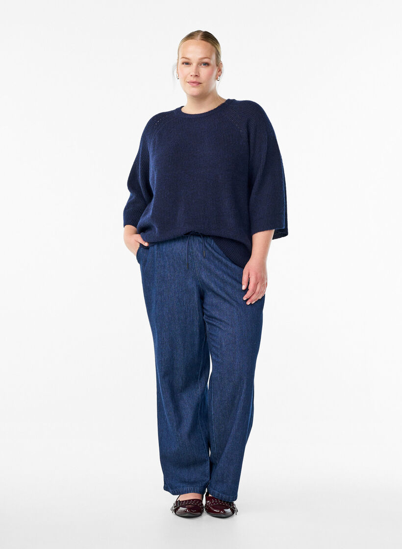 Geribde trui met 3/4 mouwen, Blauw, Model image number 1