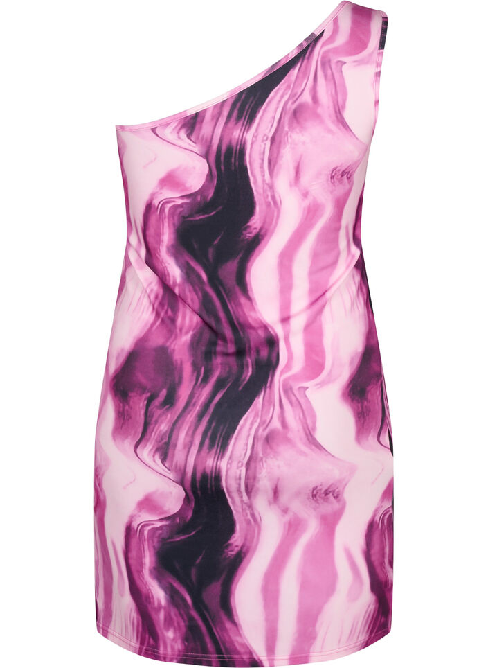 Nauwsluitende one-shoulder jurk met print, Raspberry Rose AOP, Packshot image number 1