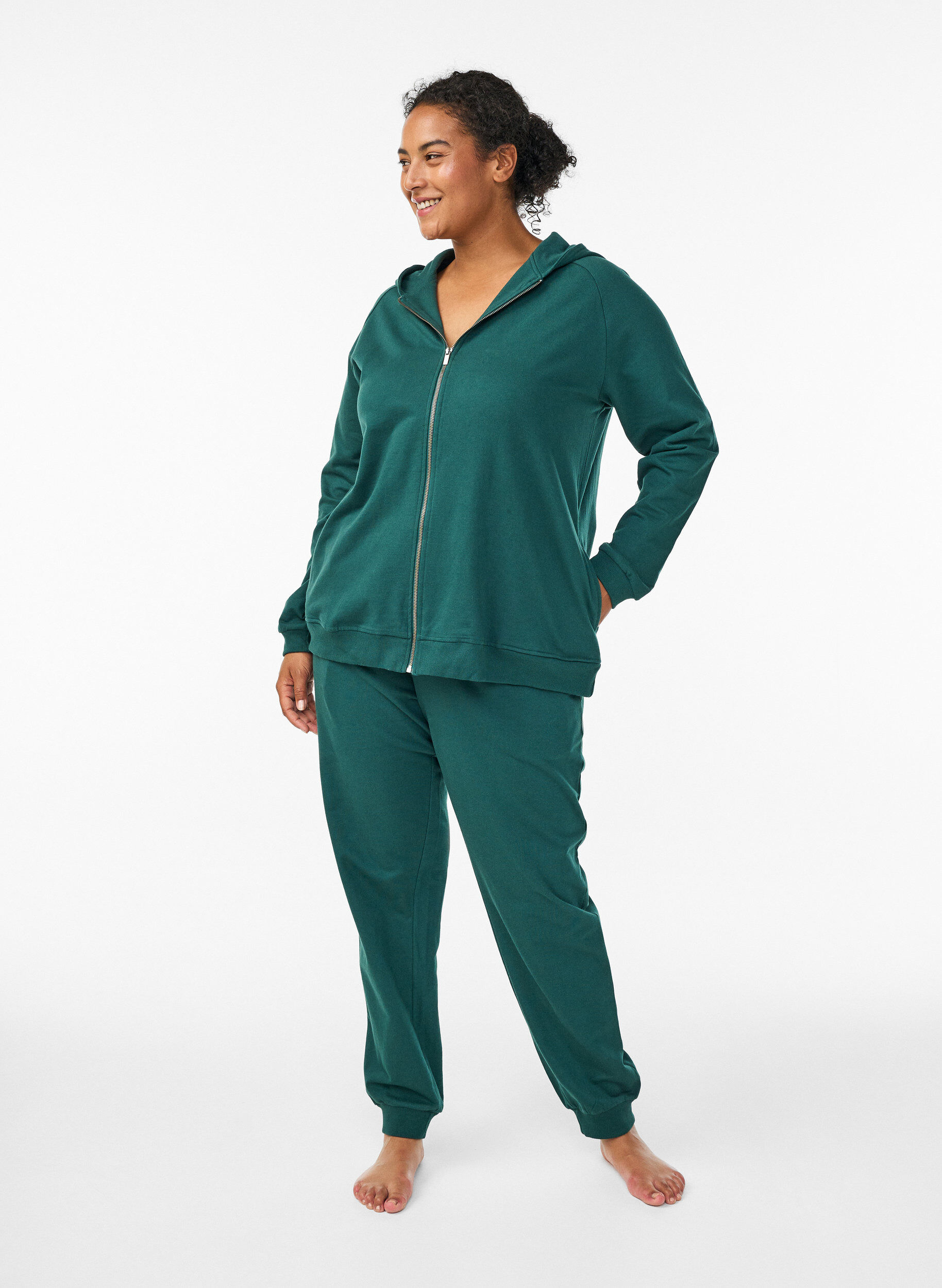 Zizzi Hoodie met ritssluiting en achterkant print, Groen, Model image number 1