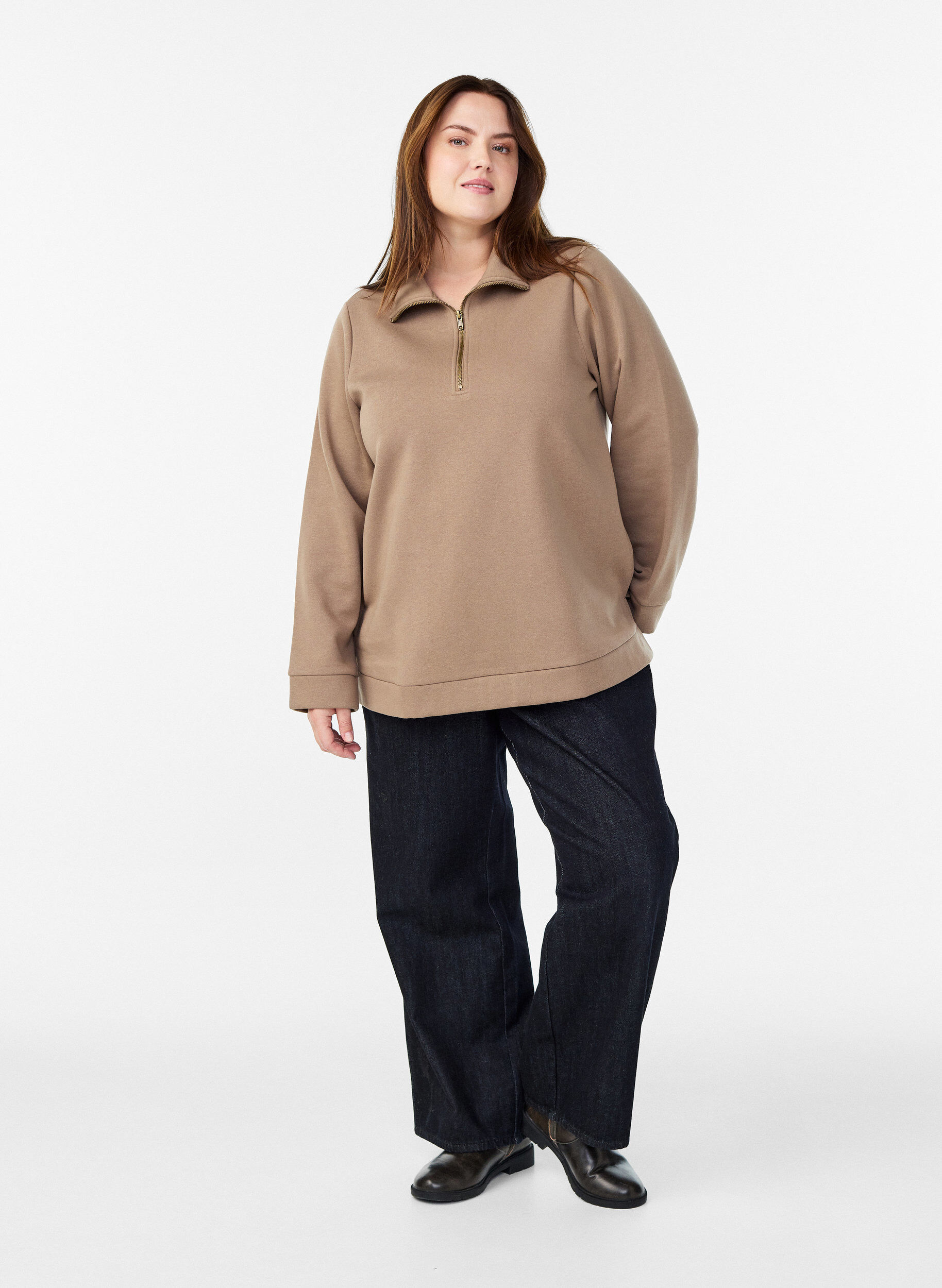 Zizzi Sweatshirt met hoge hals en ritssluiting, Bruin, Model image number 1