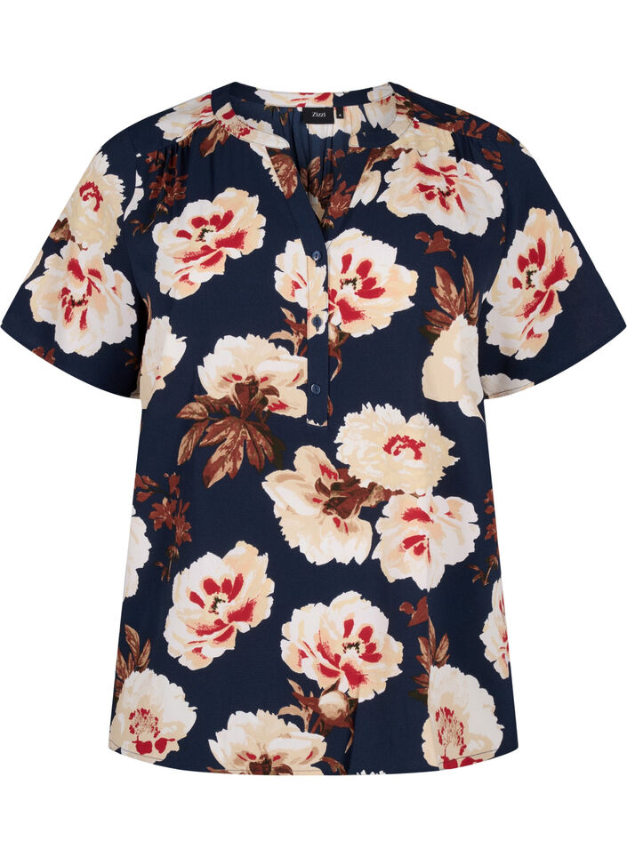 Blouse met korte mouwen en v-halslijn, Blauw, Packshot image number 0