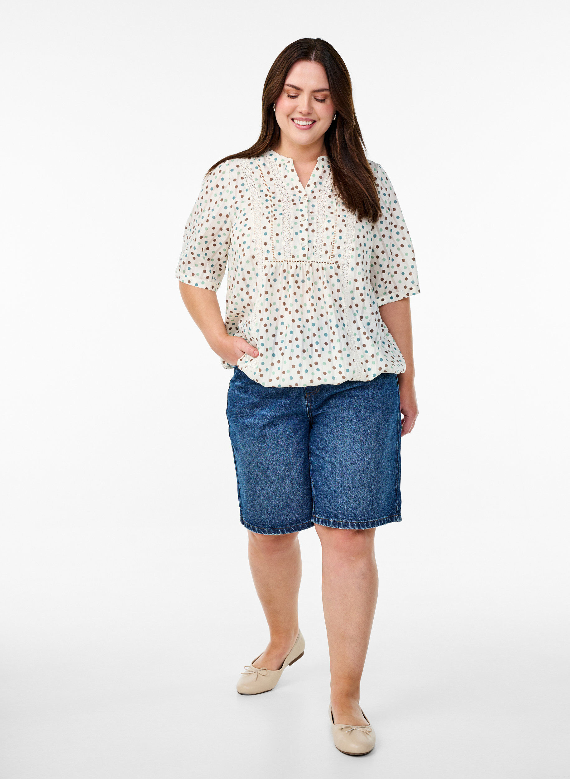 Zizzi Blouse met print en 1/2 mouwen, Wit, Model image number 1