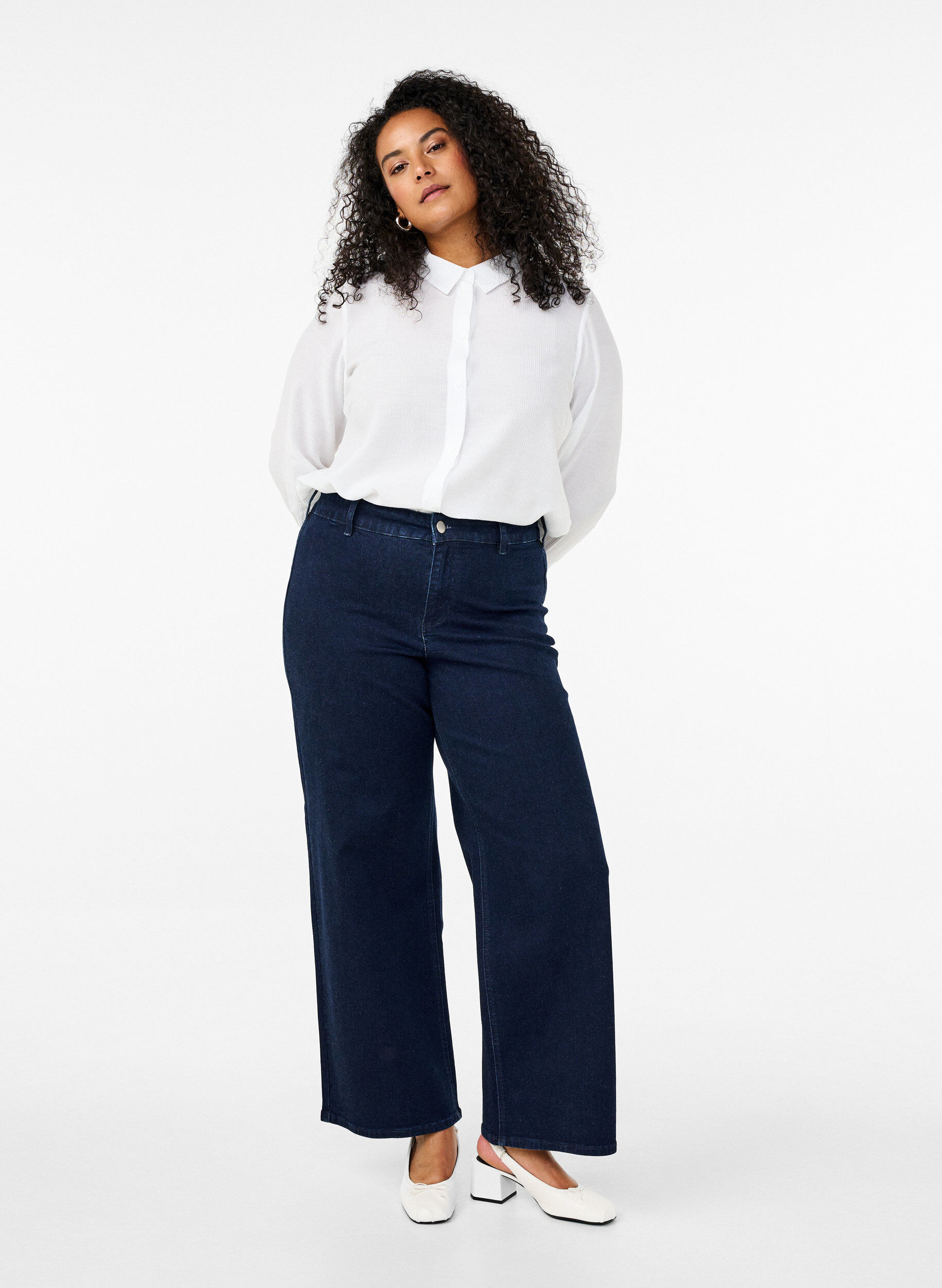 Jeans met hoge taille en wijde pijpen, Blauw, Model