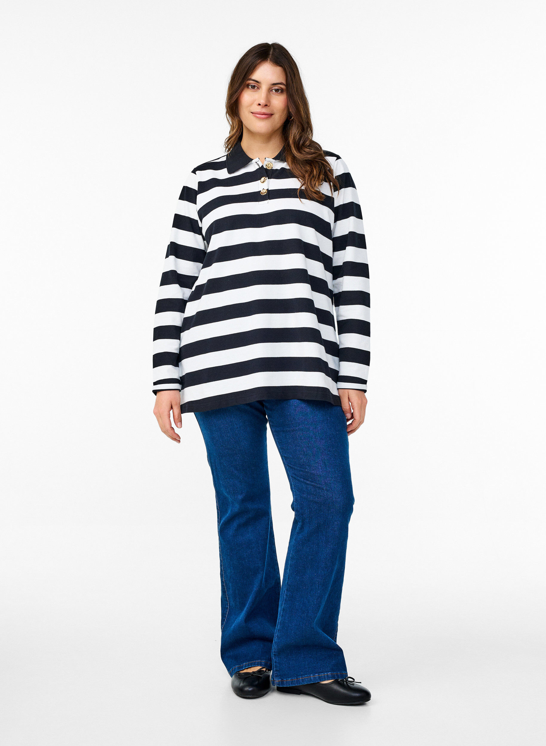 Zizzi Gestreepte polo met lange mouwen, Zwart, Model image number 1