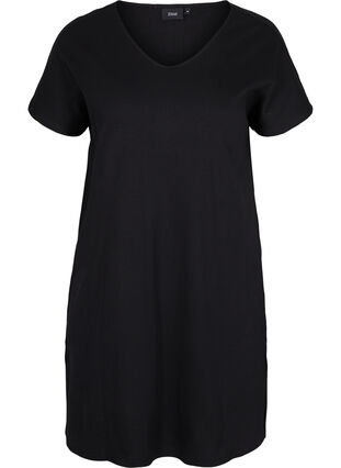 Katoenen jurk met korte mouwen in rib, Black, Packshot image number 0