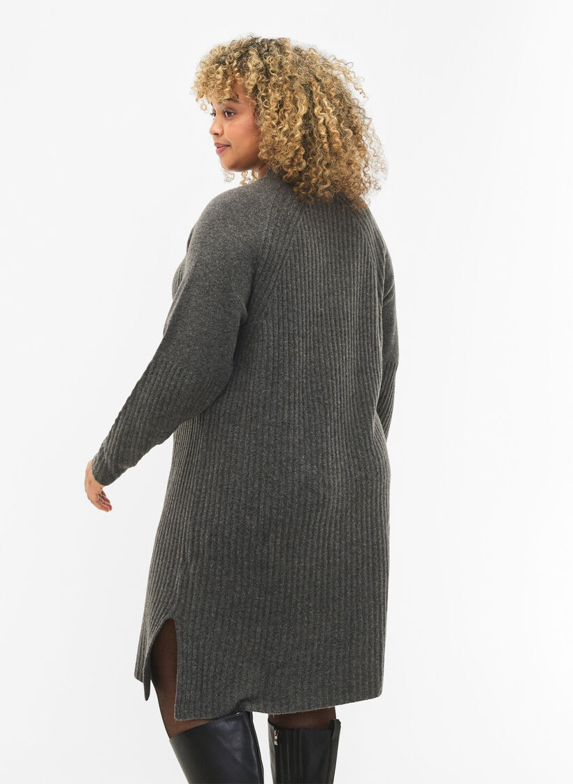 Ribbed Knit Dress met col, Dark Grey Melange, Model image number 1